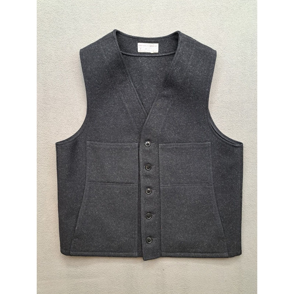 CC Filson 100% Wool Vest Mens Sz Large Long Black Gray Button Up Front Pockets